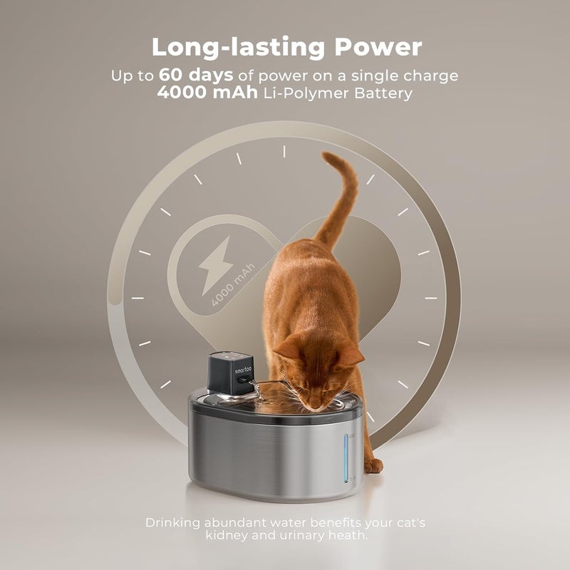 smartoo Wireless Cat Water Fountain Stainless Steel, 152oz/4.5L Cat Fountain Battery Operated, Cordless Pet Water Fountain for Cats & Dogs with Motion Sensor, Ultra Quiet Pump, Multi-Filtration - Image 4